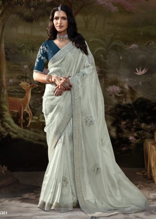 Pale Blue Embroidered Wedding Saree