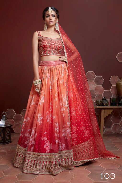 Orange Silk Embroidered Designer Lehenga Choli