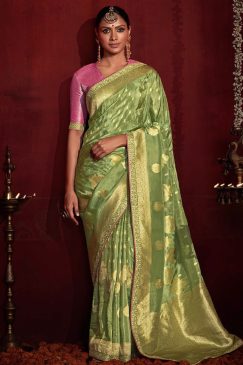 Parrot Green Banarasi Silk Embroidered Wedding Saree