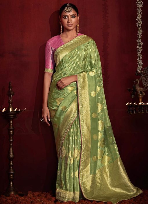 Parrot Green Banarasi Silk Embroidered Wedding Saree
