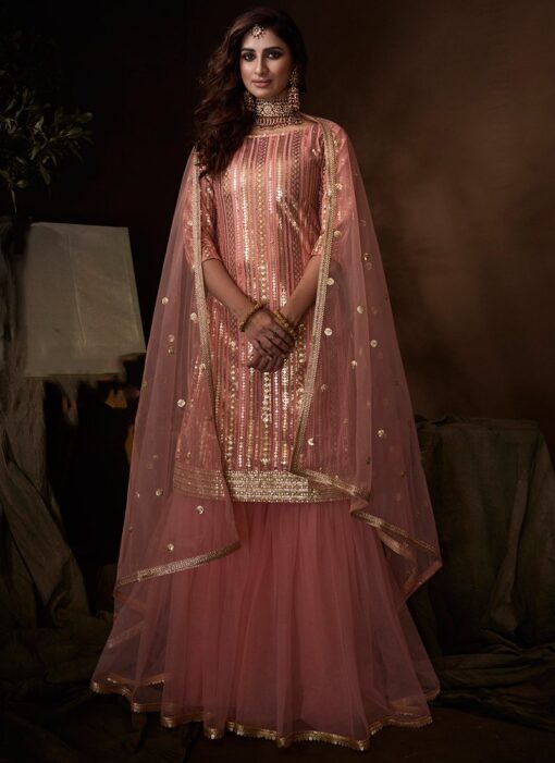 Pink Net Sequinned Sharara Suit