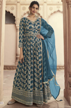Blue Embroidered Floor Length Anarkali Suit