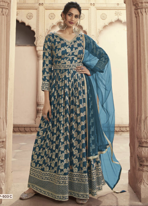 Blue Embroidered Floor Length Anarkali Suit