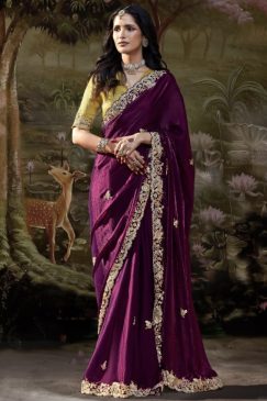 Dark Wine Coloured Embroidered Wedding Saree