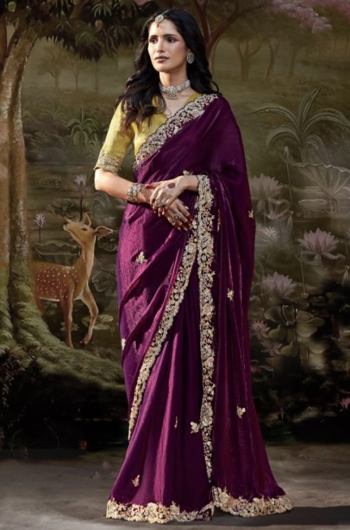 Dark Wine Coloured Embroidered Wedding Saree