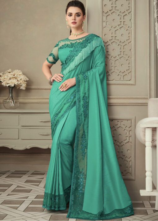 Turquoise Fancy Silk Saree With Fringe Detail