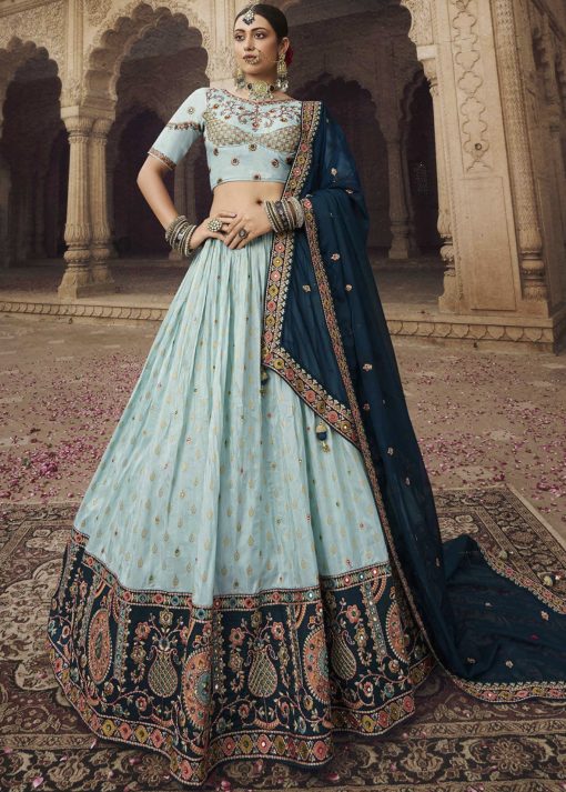 Blue Mirror Work Wedding Lehenga Choli