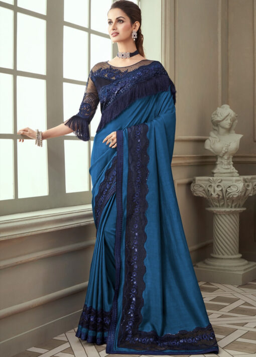 Blue Fancy Silk Saree With Fringe Detail