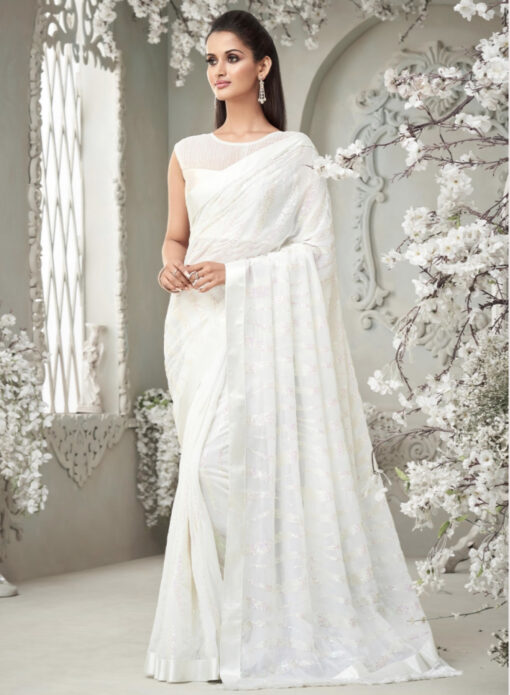 White Fancy Saree With Fringe Detail