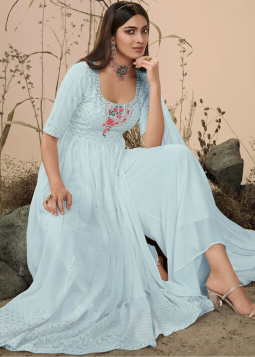 Sky Blue Anarkali Style Embroidered Palazzo Suit