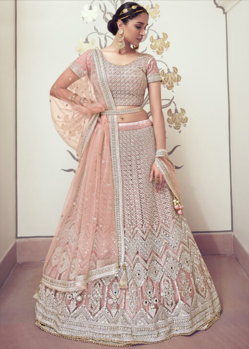 Dusty Pink Net Wedding Lehenga Choli