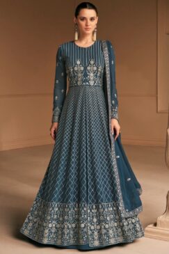 Blue Grey Georgette Embroidered Anarkali Suit