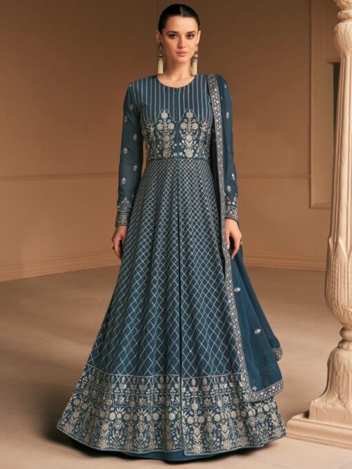 Blue Grey Georgette Embroidered Anarkali Suit