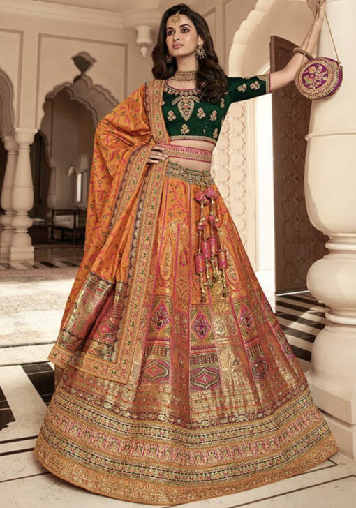 Orange Banarasi Silk Bridal Lehenga Choli