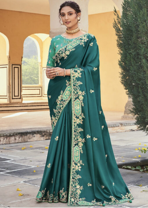 Teal Silk Wedding Party Wear Saree
