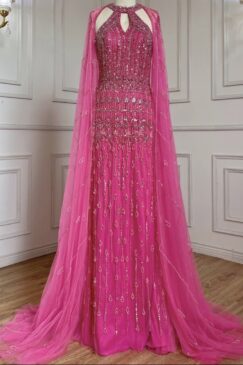 Cape Sleeve Halter Heavily Beaded Evening Dress