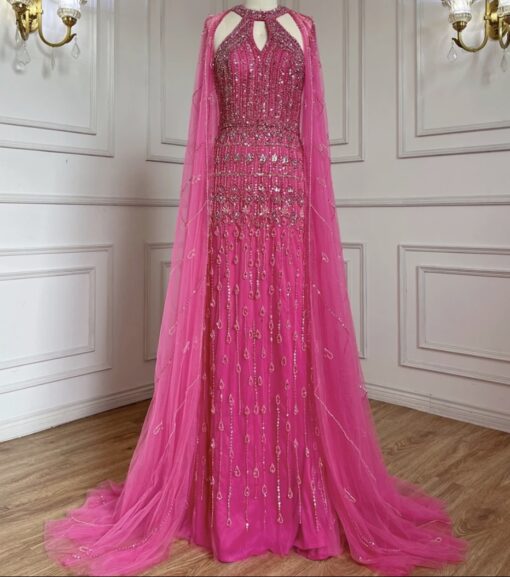 Cape Sleeve Halter Heavily Beaded Evening Dress