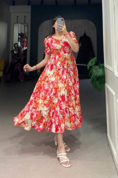 Designer Flower Print Frock In Rayon Fabric