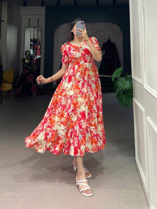 Designer Flower Print Frock In Rayon Fabric