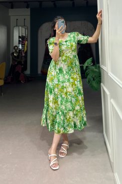 Alternative view of Designer Flower Print Frock In Rayon Fabric in green color