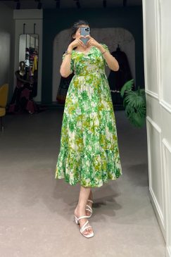Designer Flower Print Frock In Rayon Fabric in green color
