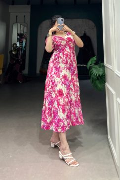 Designer Flower Print Frock In Rayon Fabric in pink color