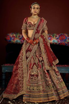 Royal Maroon Velvet Embroidered Bridal Lehenga Choli