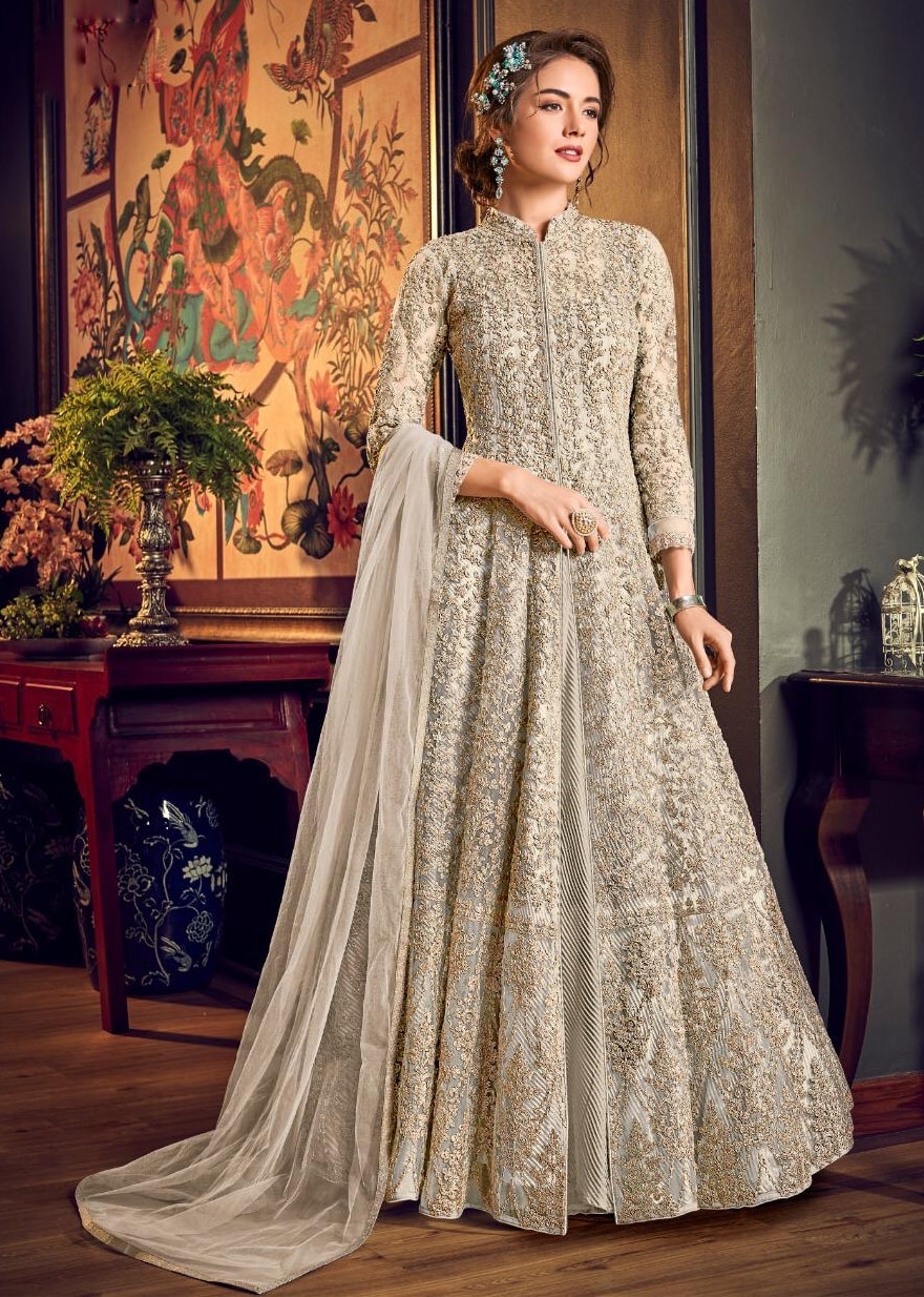 Off White Jacket Style Net Embroidered Anarkali Suit - Salwar Kameez ...