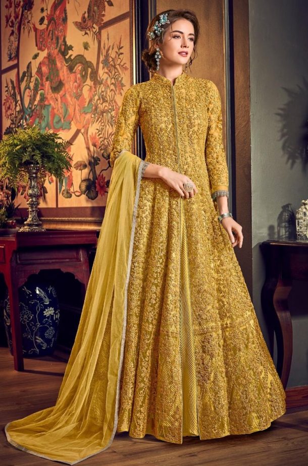 Mustard Jacket Style Net Embroidered Anarkali Suit Salwar Kameez