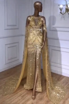 Cape Sleeve Sequinned Beaded Evening Dress