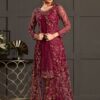 Wine Red Net Embroidered Jacket Style Suit