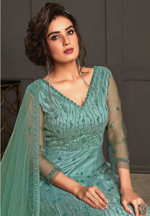 Mint Blue Net Embroidered Anarkali Suit Salwar Kameez, top 20 salwar