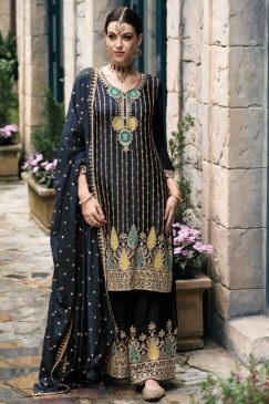 Navy Chinon Embroidered Palazzo Suit