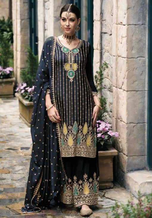 Navy Chinon Embroidered Palazzo Suit