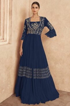 Navy Blue Embroidered Jacket Style Anarkali Gown