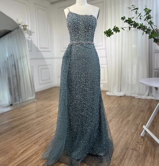 One Shoulder Elegant Beaded Evening Gown Dress