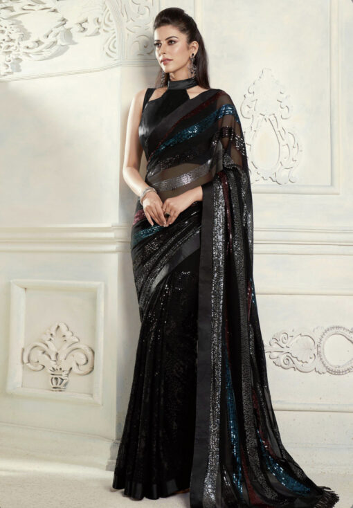 Black Fancy Saree With Fringe Detail