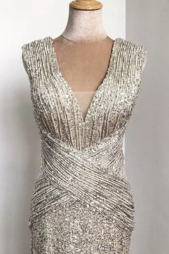 Alternative view of Champagne Sequin Embellished Sleeveless V Neck Evening Dress