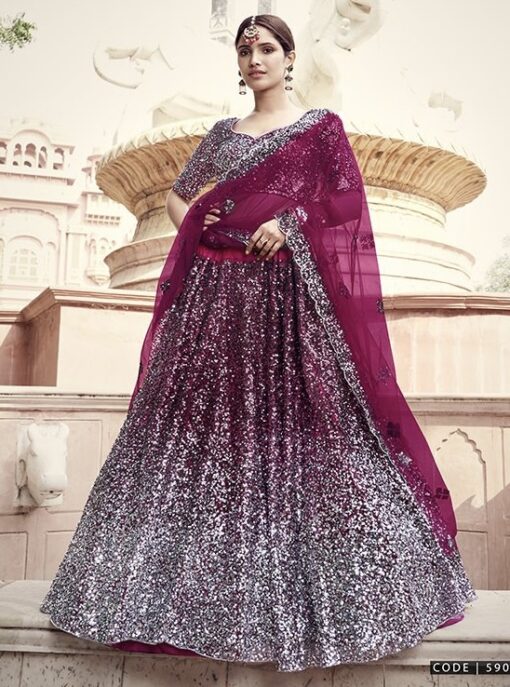 Wine Sequinned Lehenga Choli
