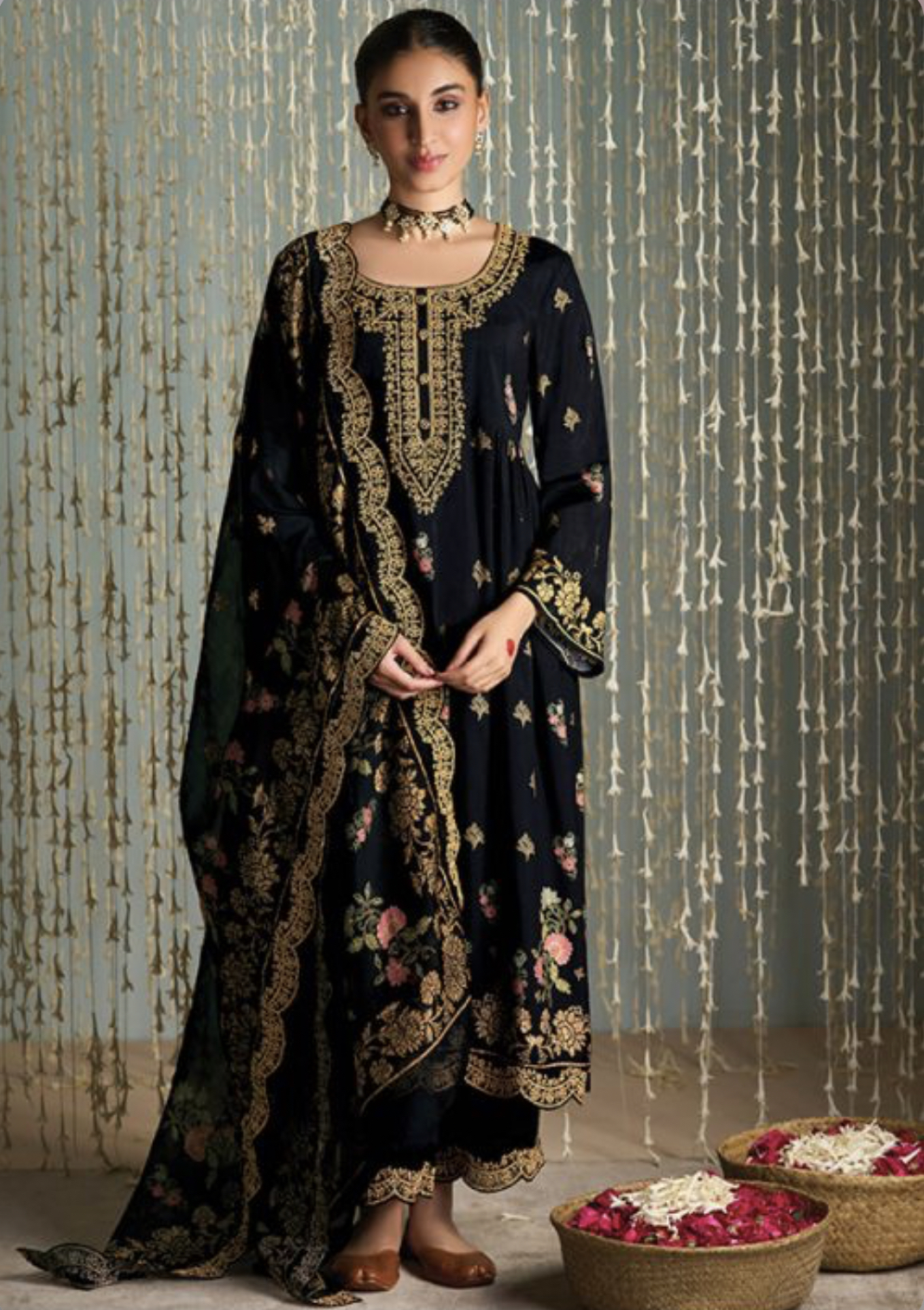 Black Silk Embroidered Trouser Suit Salwar Kameez Designer Collection