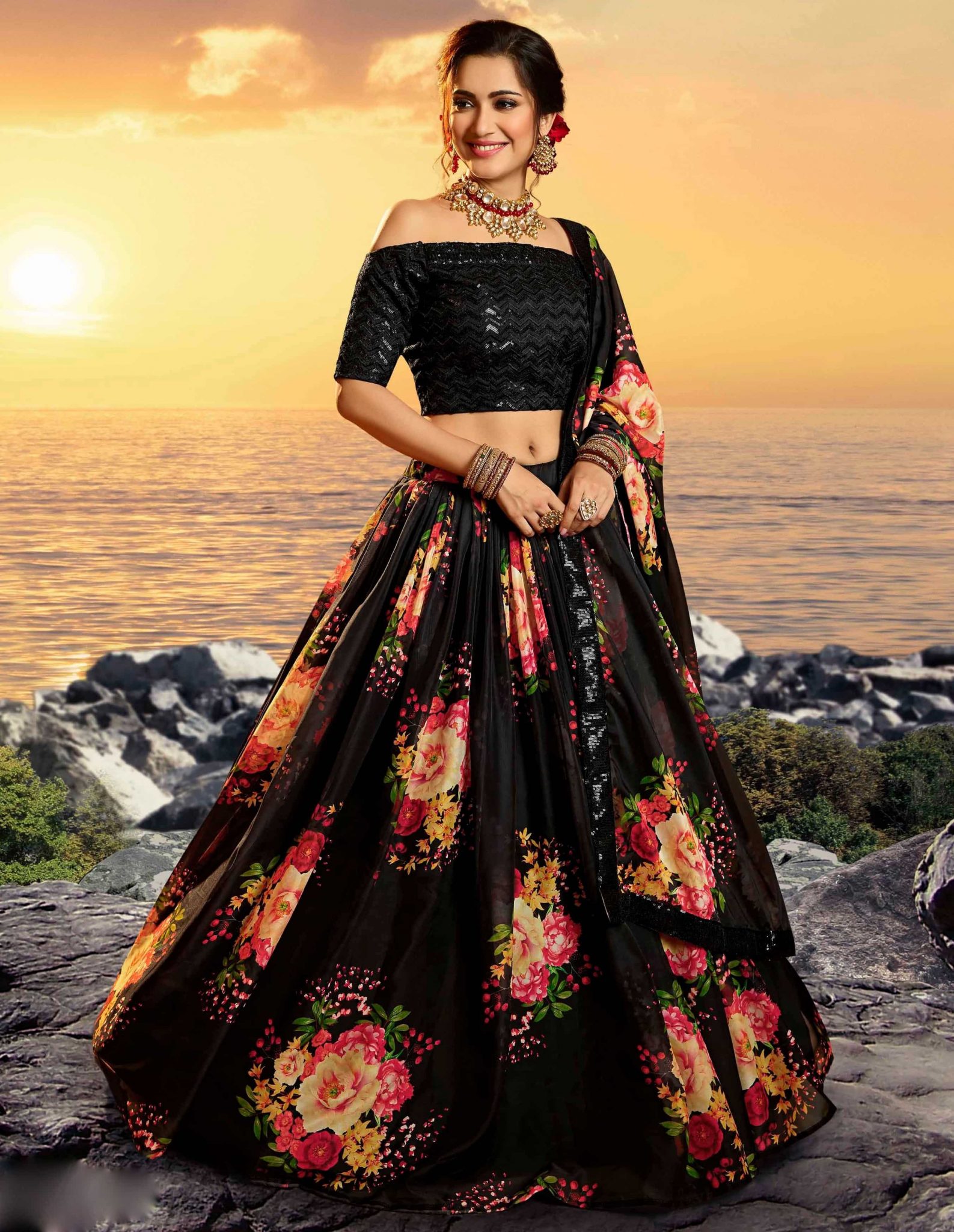 Black Organza Floral Print Lehenga Choli Lehengas Designer Collection