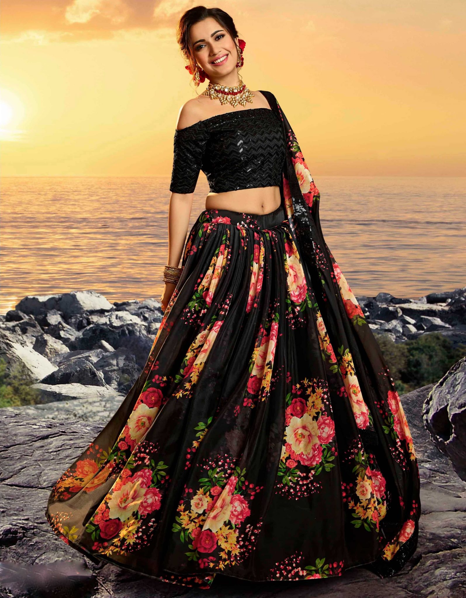 Black Organza Floral Print Lehenga Choli Lehengas Designer Collection