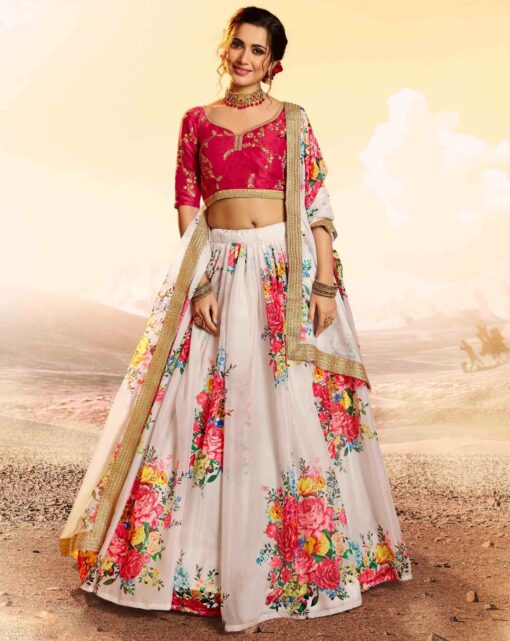 White Organza Floral Print Lehenga Choli