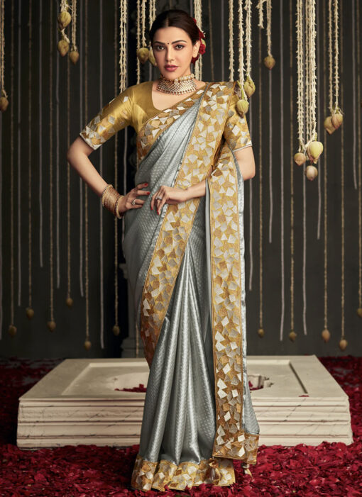 Grey Silk Embroidered Sangeet Saree