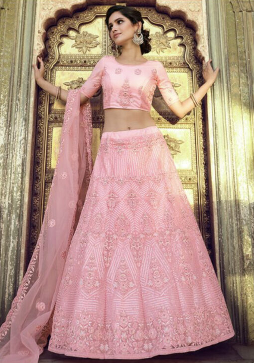 Peach Net Party Wear Lehenga Choli