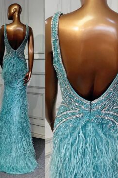 Alternative view of Beaded Plunge Neck Feathered Evening Dress