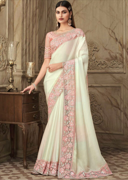 Off White Fancy Silk Saree With Designer Blouse
