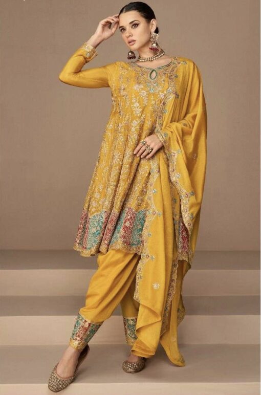 Yellow Chinon Silk Frock Style Trouser Suit
