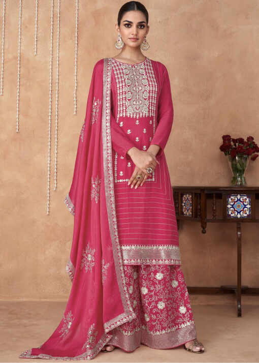 Pink Straight Cut Embroidered Palazzo Suit