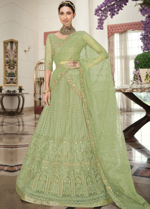 Pista Green Net Sangeet Lehenga Choli